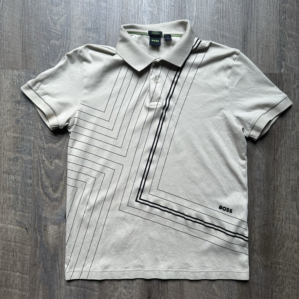HUGO BOSS Paddy 2 Men Interlock Cotton Polo Shirt Fineline Graphic Gray Size M